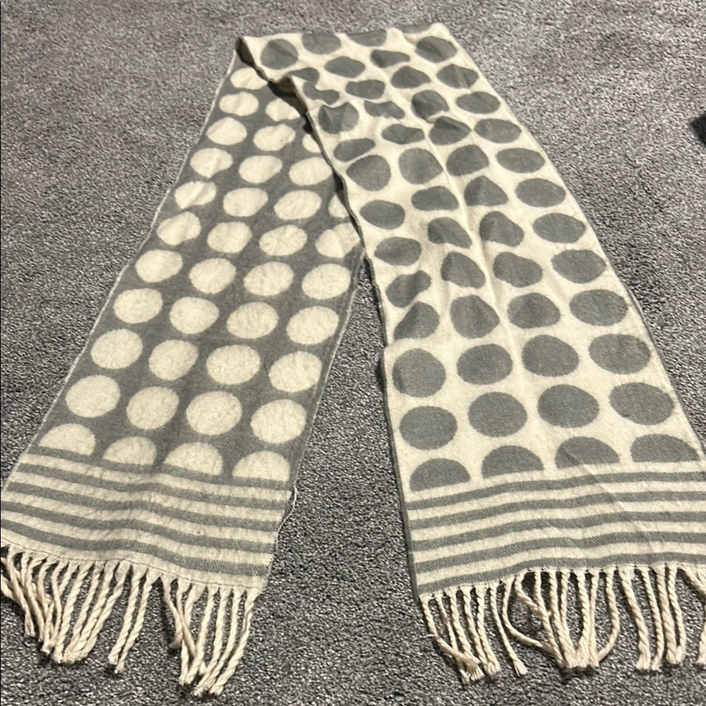 Grey and Cream Polka Dot Reversible Scarf with Fringes